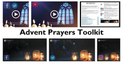 Examples of the videos, social media images, and calendar document for the Advent Prayers Toolkit. Includes Facebook square video, YouTube rectangle video, social media images for Facebook, Twitter, and Instagram.