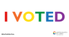 Picture Picture of the words, "I Voted" in the colors of the rainbow. Hashtag Our Faith Our Vote. United Church of Christ Logo, a just world for all
