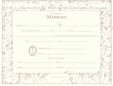United Church of Christ Marriage Certificate - Single Sheet