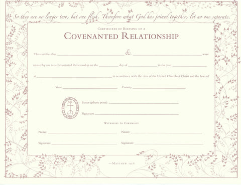 United Church of Christ Blessing of a Covenanted Relationship Certificate - Single Sheet