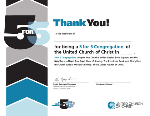 5 for 5 Congregation Thank You Certificate
