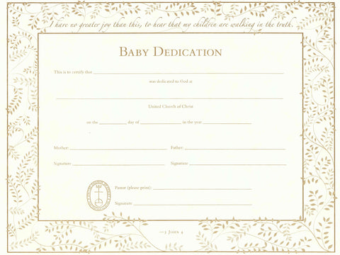 United Church of Christ Baby Dedication Certificate - Single Sheet