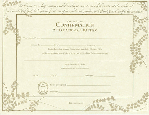 United Church of Christ Confirmation: Affirmation of Baptism Certificate - Single Sheet
