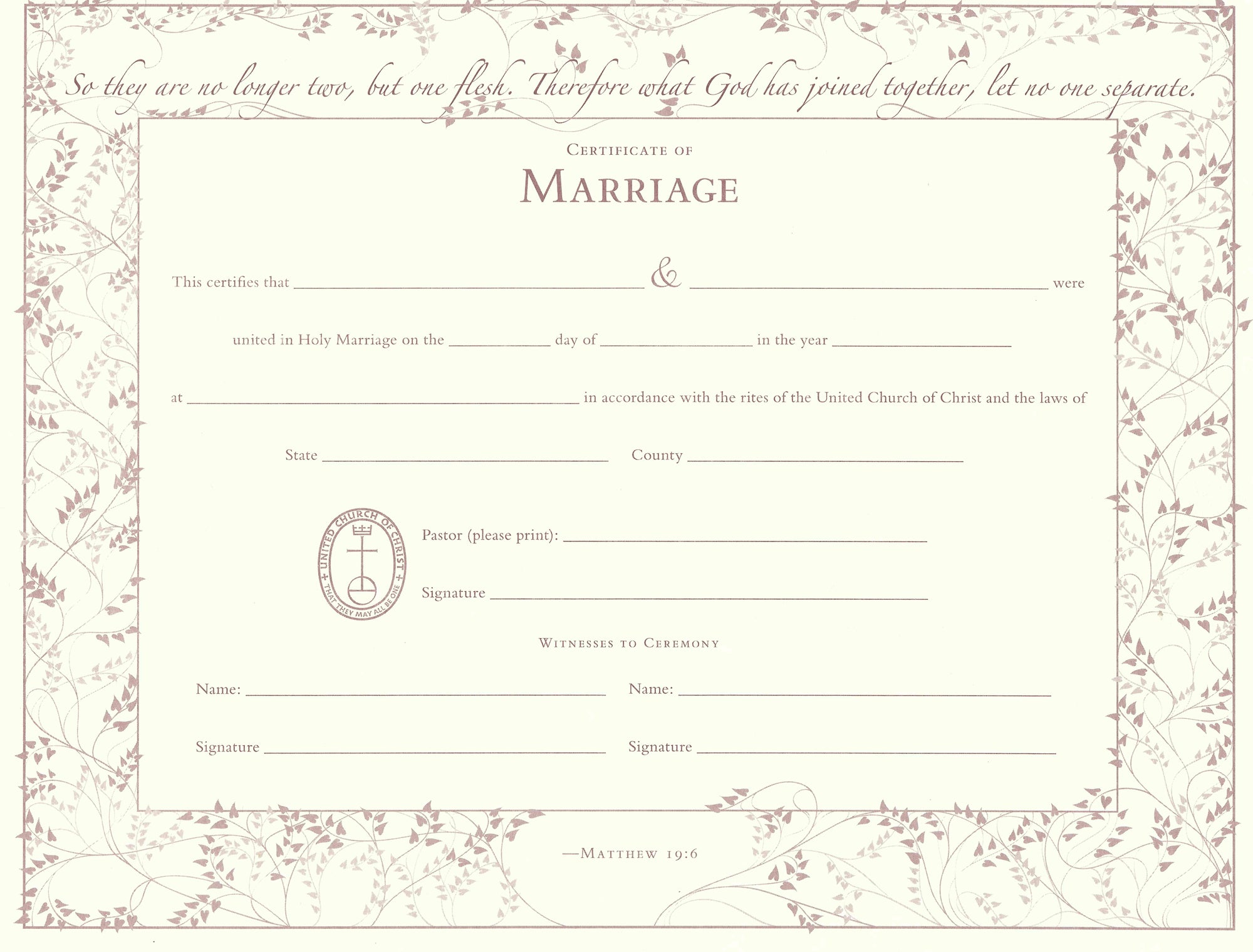 United Church of Christ Marriage Certificate - Single-Sheet | UCC Resources for Free Printable Blank Marriage Certificates