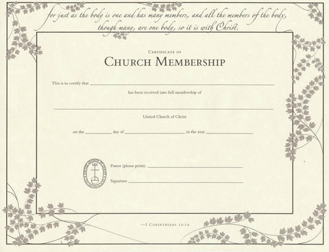 United Church of Christ Church Membership Certificate - Single Sheet
