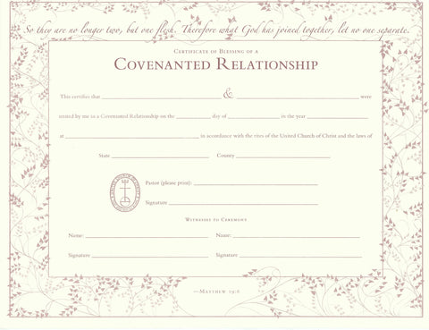United Church of Christ Blessing of a Covenanted Relationship Certificate - Single Sheet